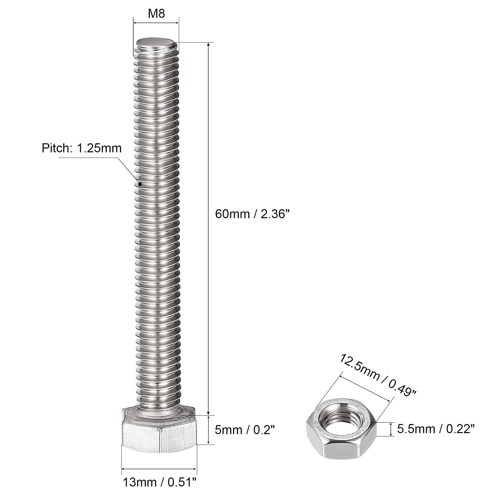TOP-VIGOR 4Pcs M8 x 60mm Hex Head Screws Bolts, Nuts, Flat & Lock Washers Kits - Image 2