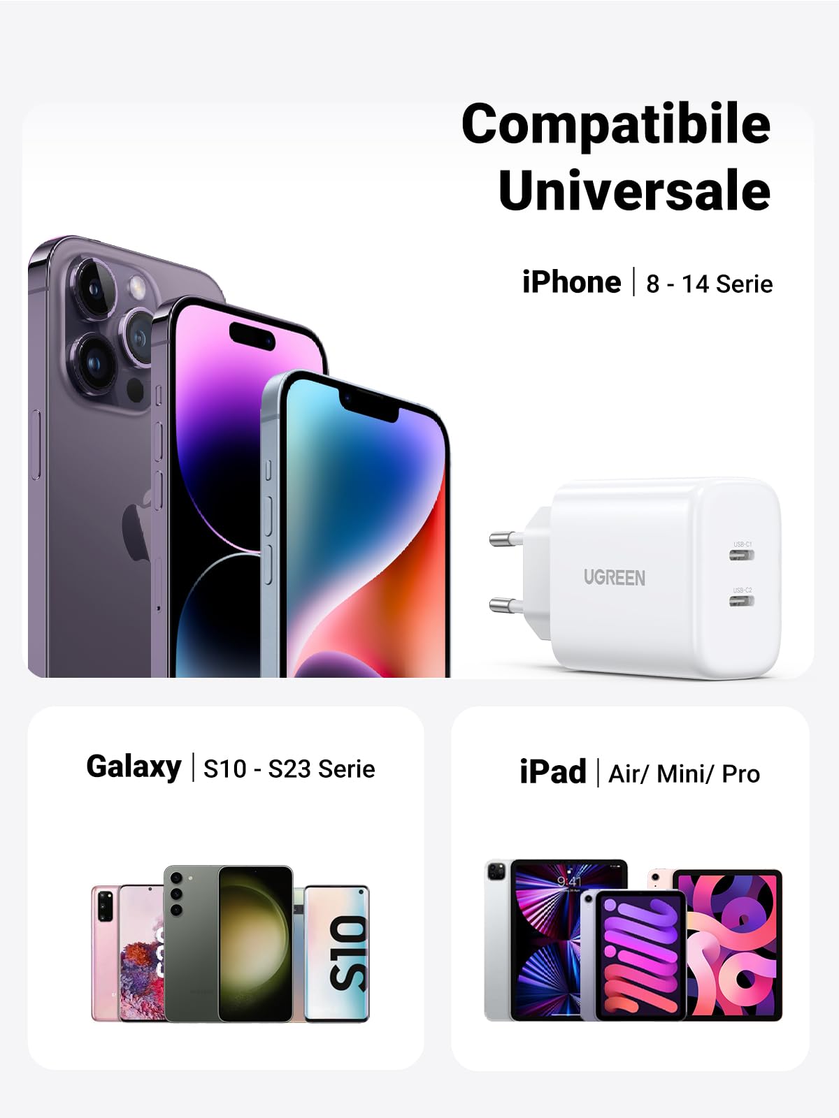 UGREEN 20W+20W Caricatore Doppio USB C, Caricabatterie USB C 40W Power Delivery Compatibile iPhone 16/15/14/13/12, Pixel 7/6a, iPad Pro/Air/Mini, Xiaomi Mi 9/Note 9, Galaxy S24/S23/S22 ecc