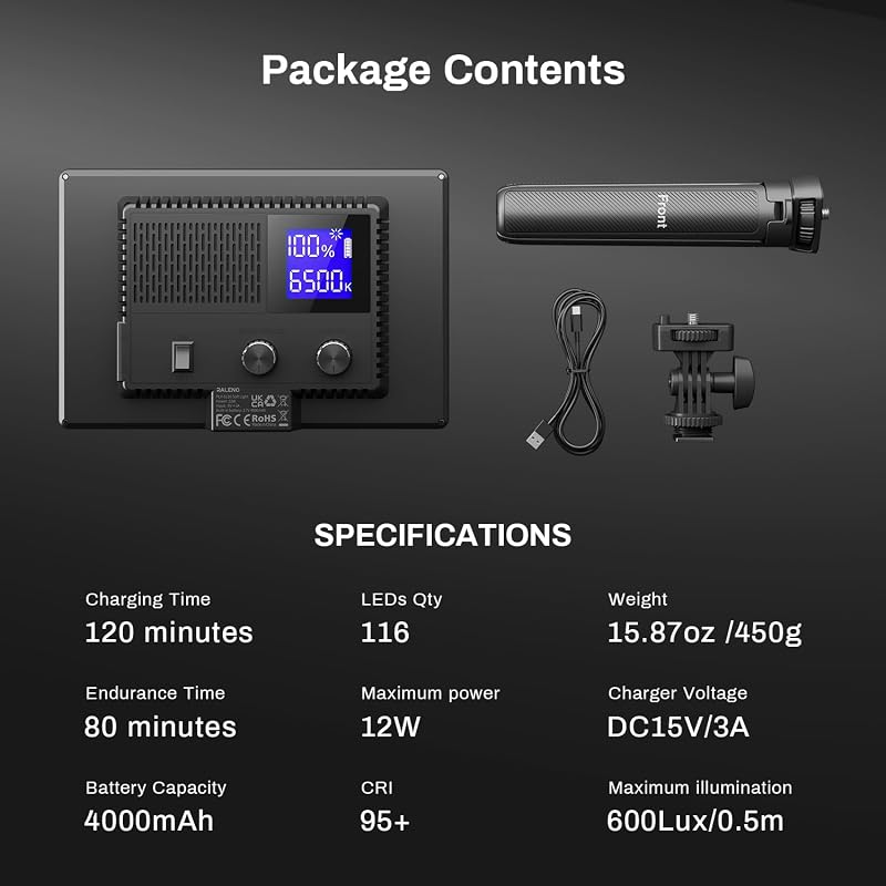 Lumină video LED RaLeno pentru cameră cu baterie reîncărcabilă încorporată, afișaj LCD, reglabilă 3200K-5600K, CRI95, ultra-subțire, pentru YouTube, interviuri și portrete