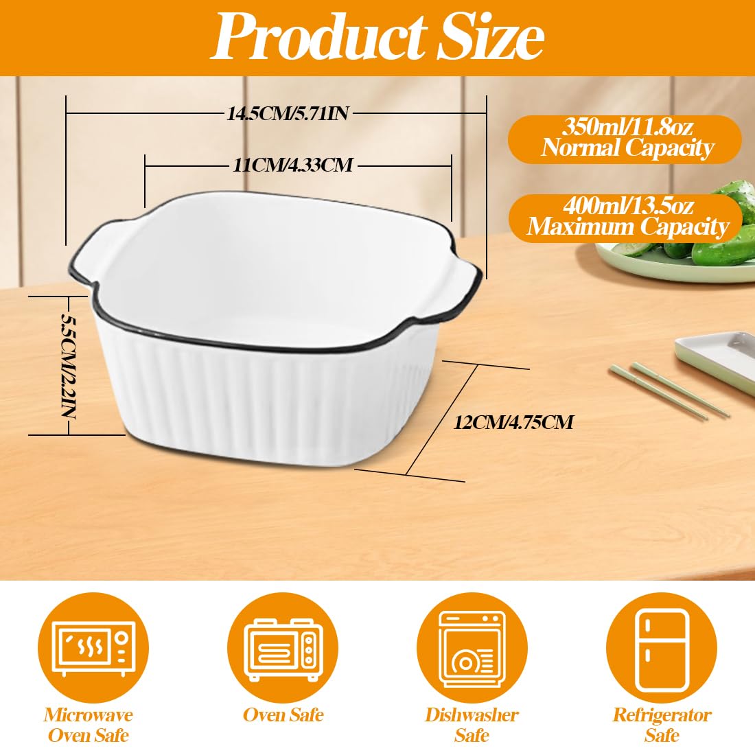 Lot de 4 plats à gratin carrés en céramique - 14,5 x 11,5 x 5,5 cm - Avec poignées - Empilables - Pour friteuse, four et micro-ondes - 400 ml