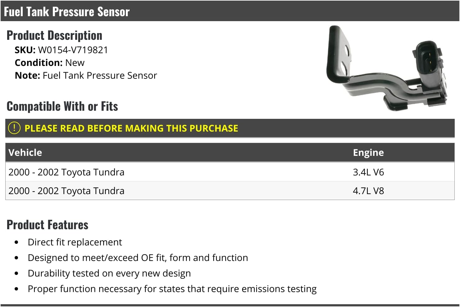 Marketplace Auto Parts Fuel Tank Pressure Sensor - Compatible with 2000-2002 Toyota Tundra 3.4L V6 & 4.7L V8 - Direct Replacement