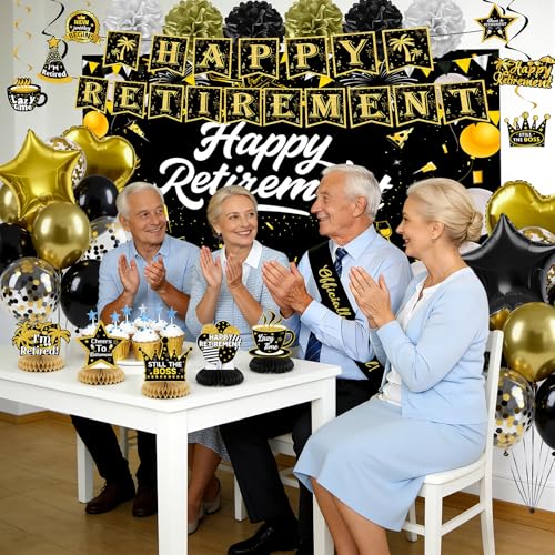 Toosci Retirement Party Decorations for Women Men, Black Gold Happy Banner by Toosci - Used condition - Image 7