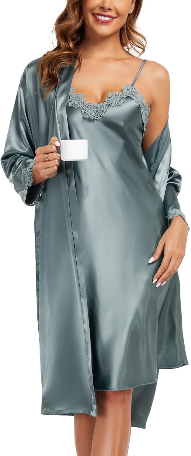 BestWendding Women's Silk Robe Set 2 Pieces Pajamas Sets Sexy Soft Satin Robe with V Neck Camisole Lingerie Nightgown