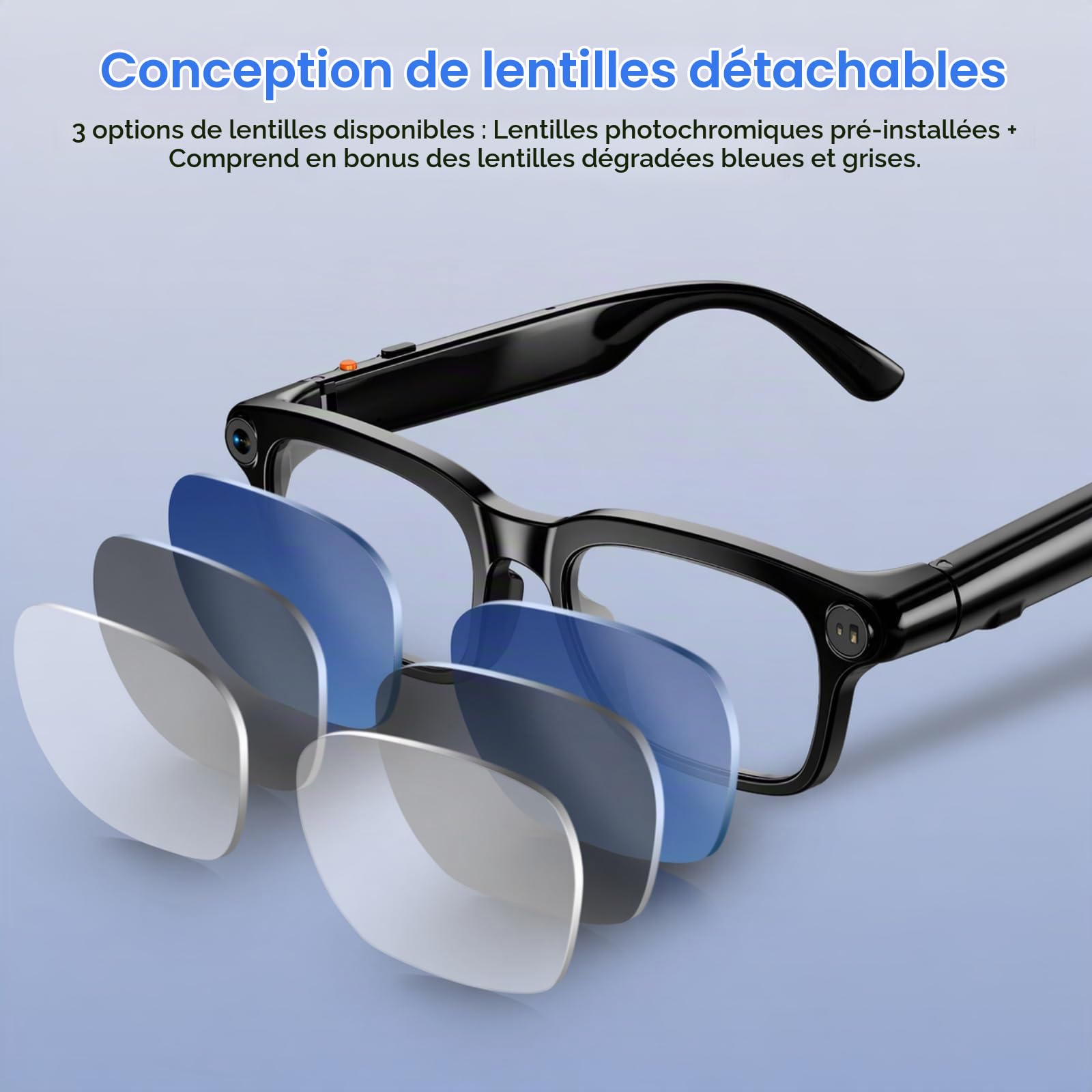 GenXenon Lunettes Connectées avec Caméra, Caméra 8 MP, Batterie 300 mAh, Charge USB-C, Prend en Charge l'enregistrement Vidéo 1080P, Photos et Assistant IA, pour Voyage, Camping (3 Paires de Verres)