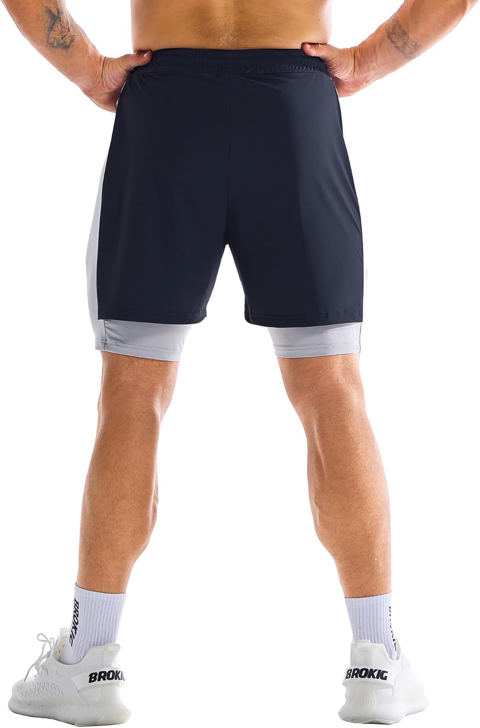 BROKIG Mens 2 in 1 Quick Dry Fitted Gym Running Shorts with Liner | Faux 2 Piece Lighter+Thinner Hidden Zip Pocket Stretch Leg Workout Polyester Spandex Blend 7 Inch Inseam Compression Shorts