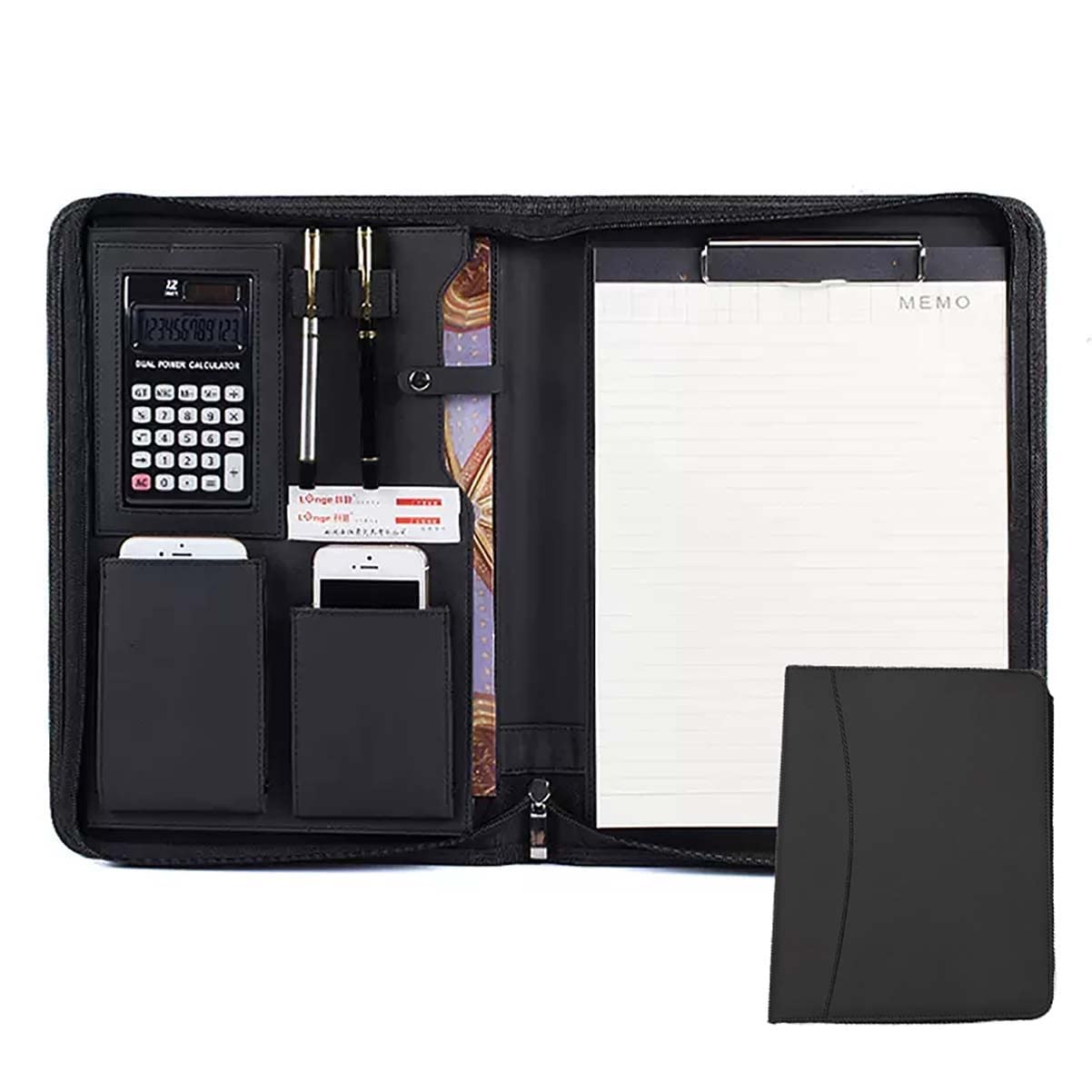IBOWZ Cartella per Documenti in Pelle A4 Padfolio Portfolio Cartella Raccoglitore con calcolatrice Chiusura a Cerniera per Curriculum Padfolio per Uomini e Donne con Blocco Note Compatibile