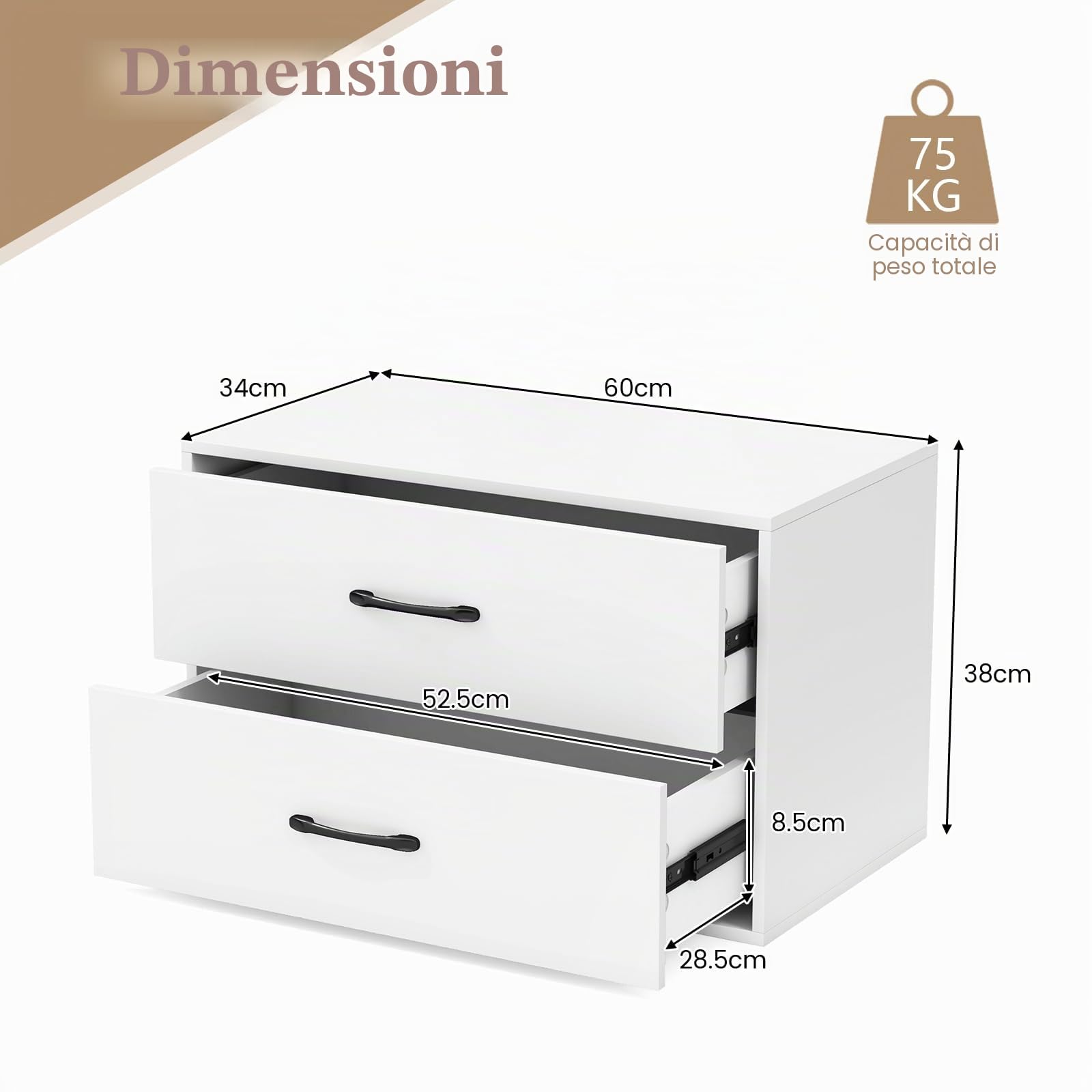 GIANTEX Cassettiera Portaoggetti con 2 Cassetti per Camera da Letto, Mobile in Legno con Kit Anti-Ribaltamento, 4 Tasselli, 60 x 34 x 38 cm, Bianco