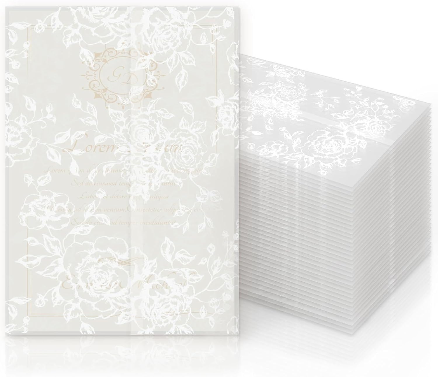 Vellum Jackets for 5x7 Envelopes for Invitations Wedding Envelopes Vellum Paper Kit Sleeves Pre-Folded Floral Wraps Jacket Wildflower for Craft (White Rose, 50)