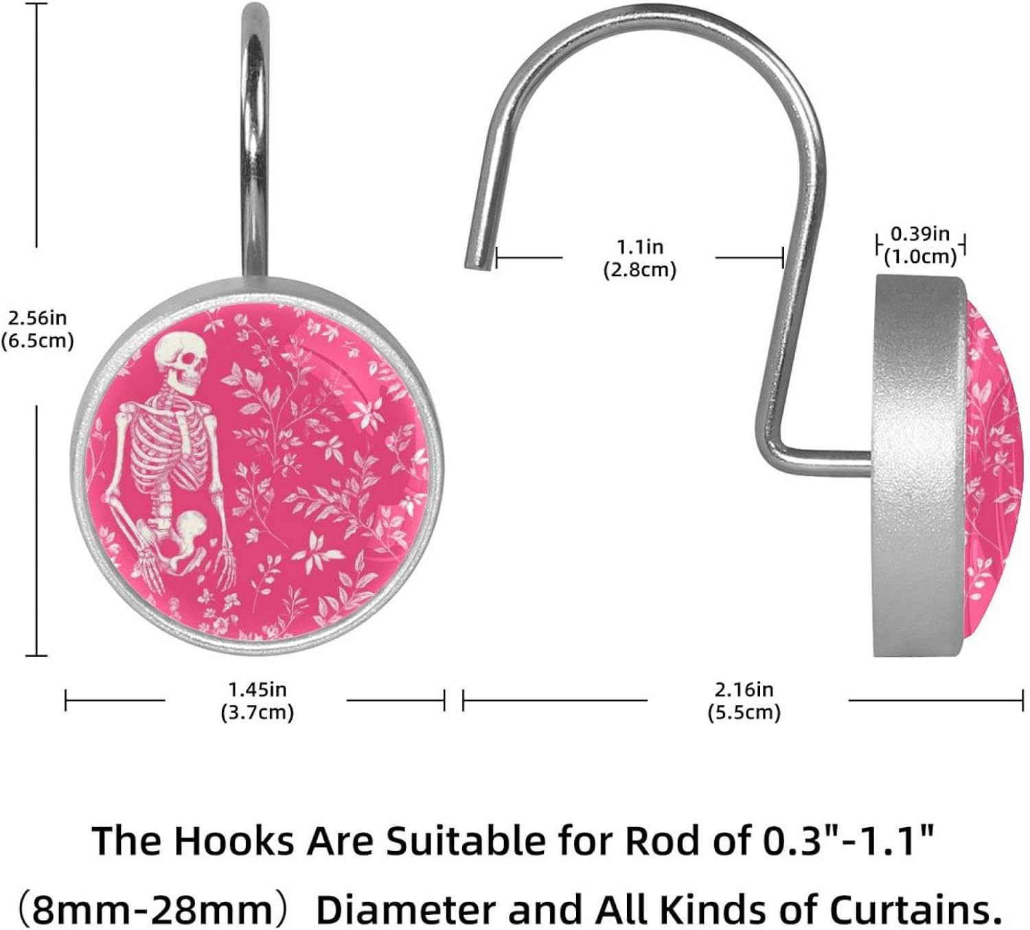 12 Pack Skeleton Pink Pattern Shower Curtain Hooks, Stainless Steel Decorative Shower Curtain Rings for Bathroom, Rust Proof Shower Curtain Hangers for Curtains Rods
