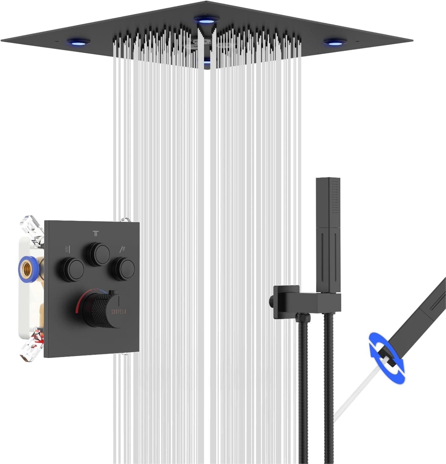Thermostatic Shower System Matte Black Ceiling Mount Shower Faucet Set, Push Button Diverter Shower Fixtures with 2 in 1 Handheld,16 Inch LED Shower Head 【All Functions Simultaneous Use】