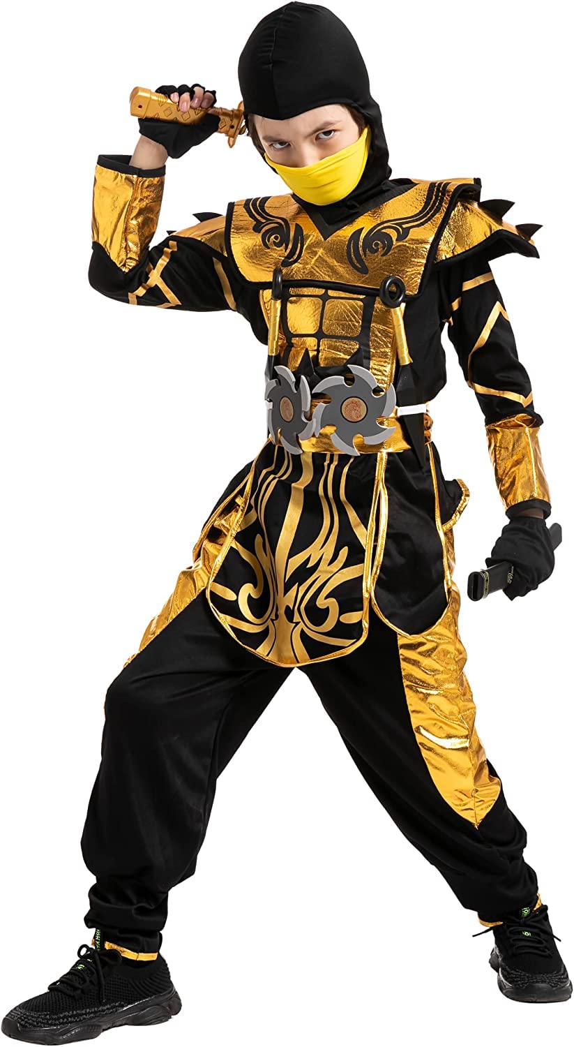 Spooktacular Creations Costume da ninja d'oro per feste a tema ninja per bambini Costume di Halloween da ninja gioco di ruolo Festa di Natale