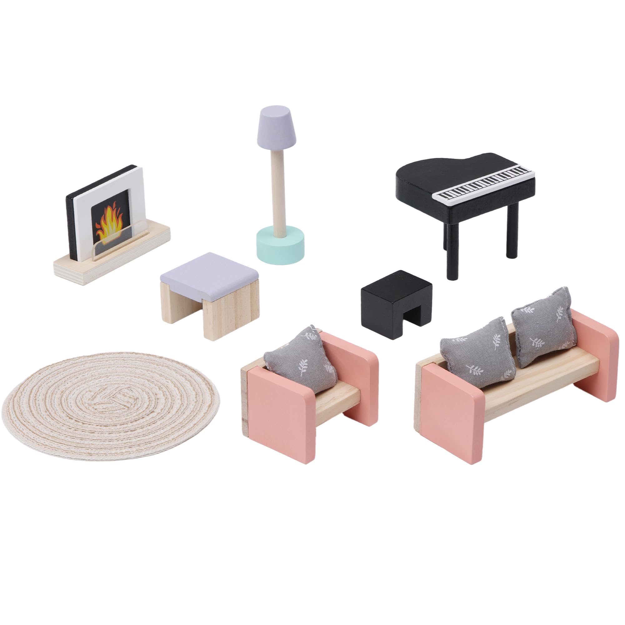 Navaris Doll House Furniture Set - 11 Piece Wooden and Fabric Dolls House Accessories - Compatible with Navaris Doll Houses and Other Brands - Living Room Sets for Dollhouse