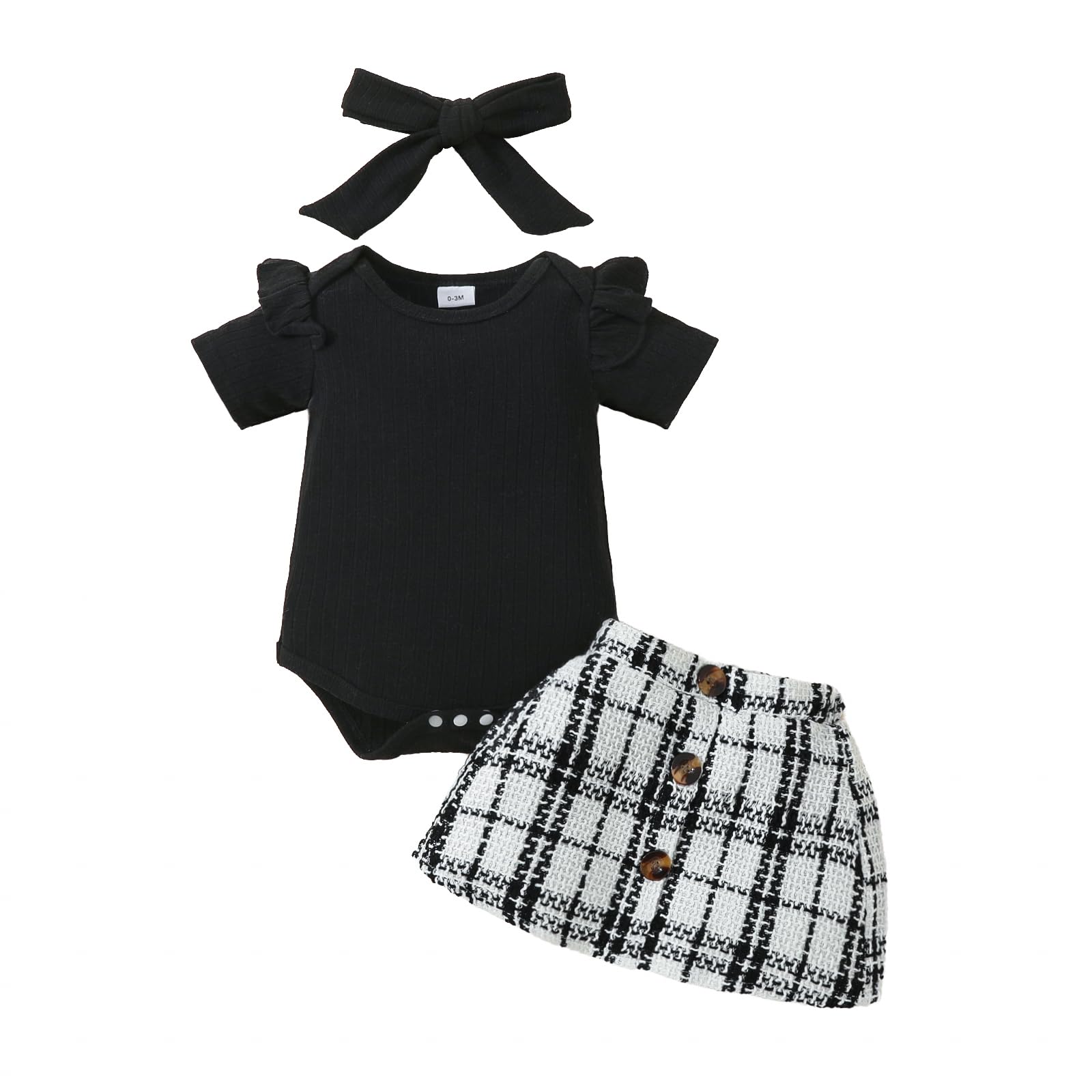 BULINGNA Newborn Infant Baby Girl Summer Clothes Ruffle Short Sleeve Ribbed Romper Plaid Tweed Pattern Skirt with Headband (Black, 0-3 Months)