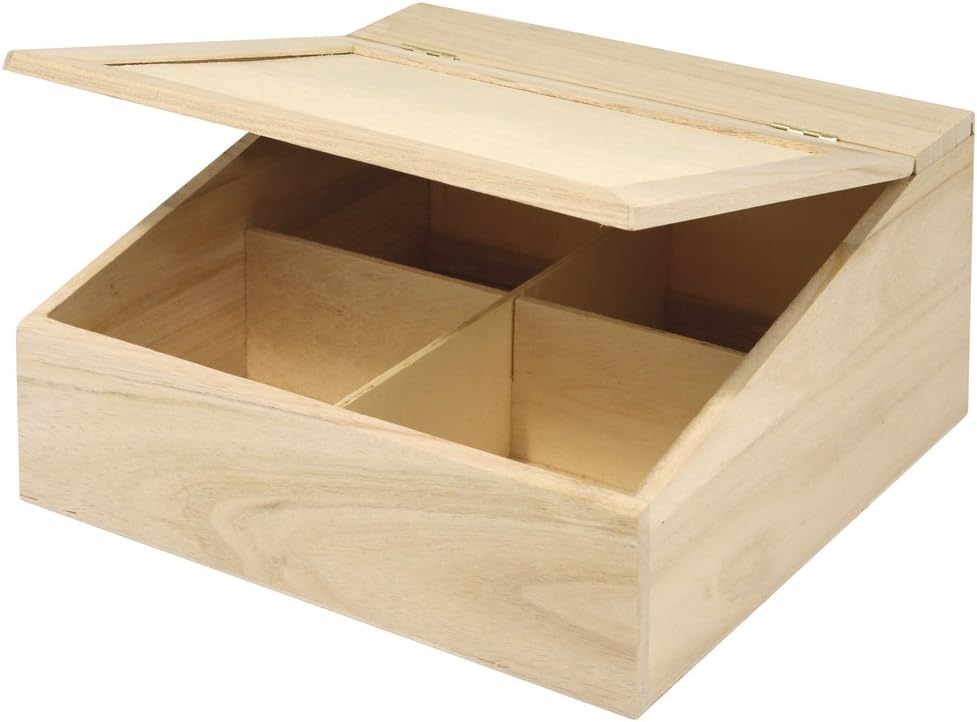 Rayher Wooden box with flap lid, 24x24x12cm, 4 comp, Wood, 24 x 24 x 12 cm