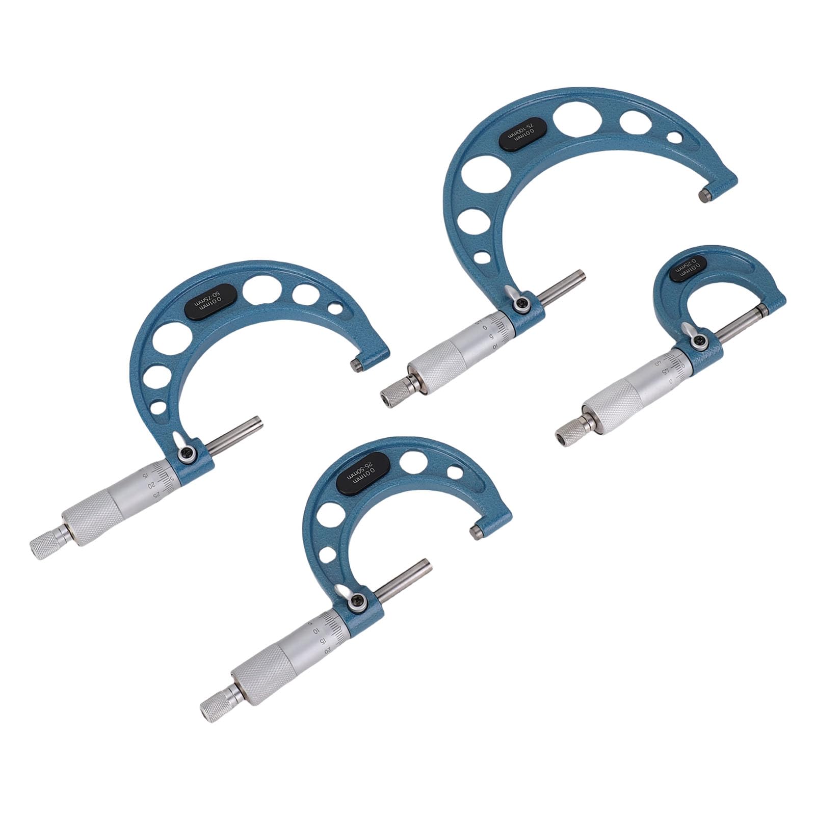 FTVOGUE Juego de Micrómetros Exteriores, Juego de Micrómetros de Precisión de Aleación con Cuerpo de Acero Inoxidable y Yunques de Carburo, 4 Piezas de 0 a 100 Mm, Rango de 0,01 Mm para Maquinistas,