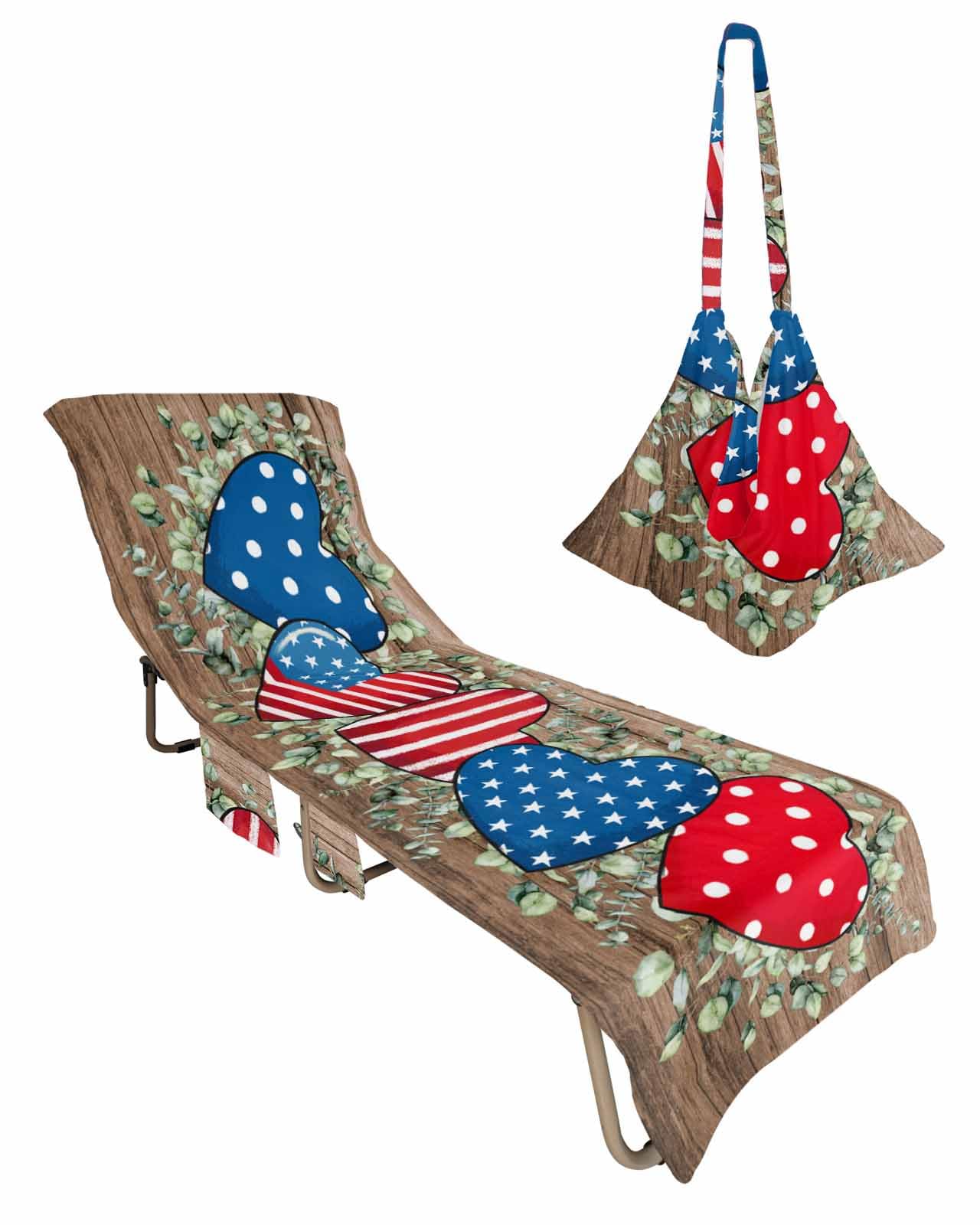 Star Stripe Flag Beach Chair Towel Covers for Chaise Lounge With Side Pocket, Soft Plush Pool Towels Cover for Patio Sunbathing Outdoor 29''x85'' Eucalyptus Leaves Love Heart Wooden Brown