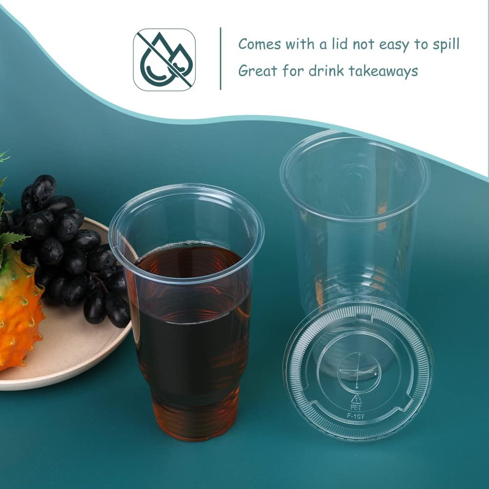 BALDCC 32 oz Crystal Clear Plastic Cups,50 Pack Oversized Disposable Clear Cups,flat Cover Pluggable Straw for Smoothie, Iced Coffee,Milkshake& Any Cold Drink