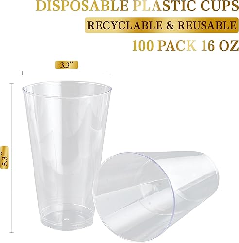 Vista 7 de FOCUSLINE Paquete de 100 vasos de plástico transparente de 16 onzas, vasos desechables grandes reutilizables de plástico, vasos duros transparentes
