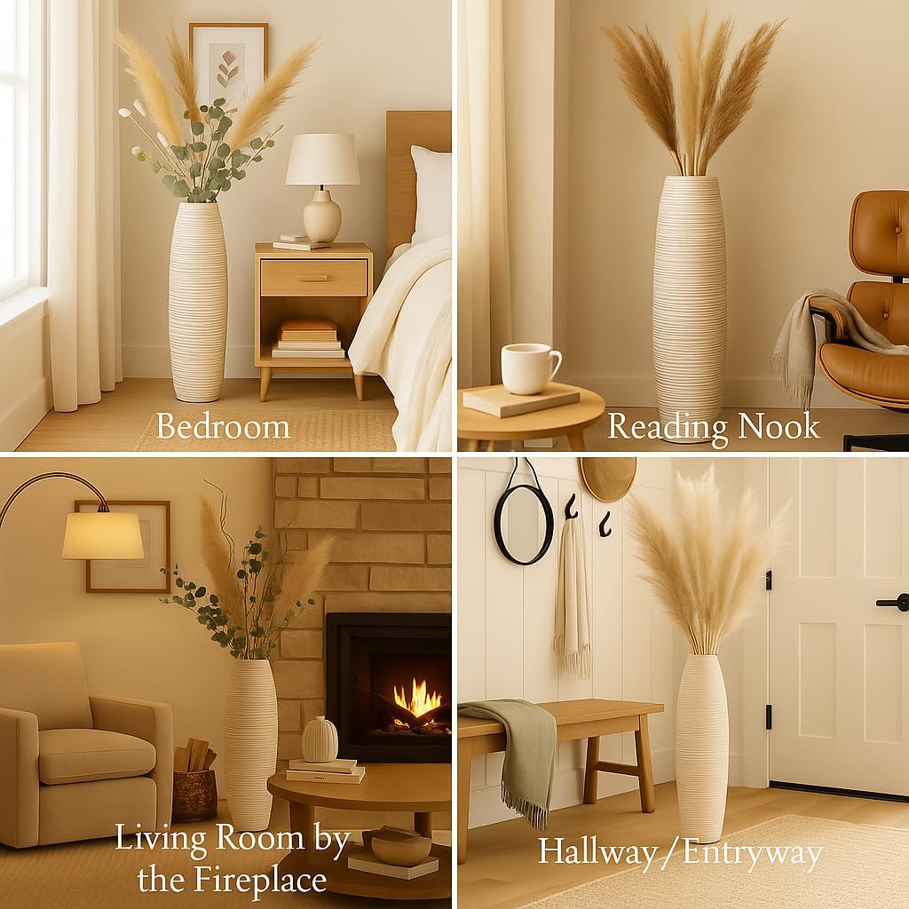 Leewadee Large White Home Decor Floor Vase - Wooden 26 inch Tall Farmhouse Decor Flower Holder for Fake Plant and Pampas Grass