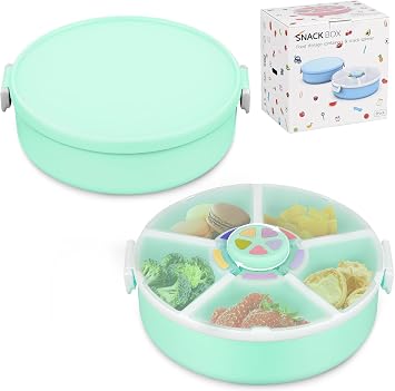 JOOPETALK Kids Rotating Snack Container Set 2-Pack, Includes 1 Rotating Snack Container & 1 Round Sectioned Snack Box, BPA-Free, Dishwasher Safe, Perfect for Travel-Green Set