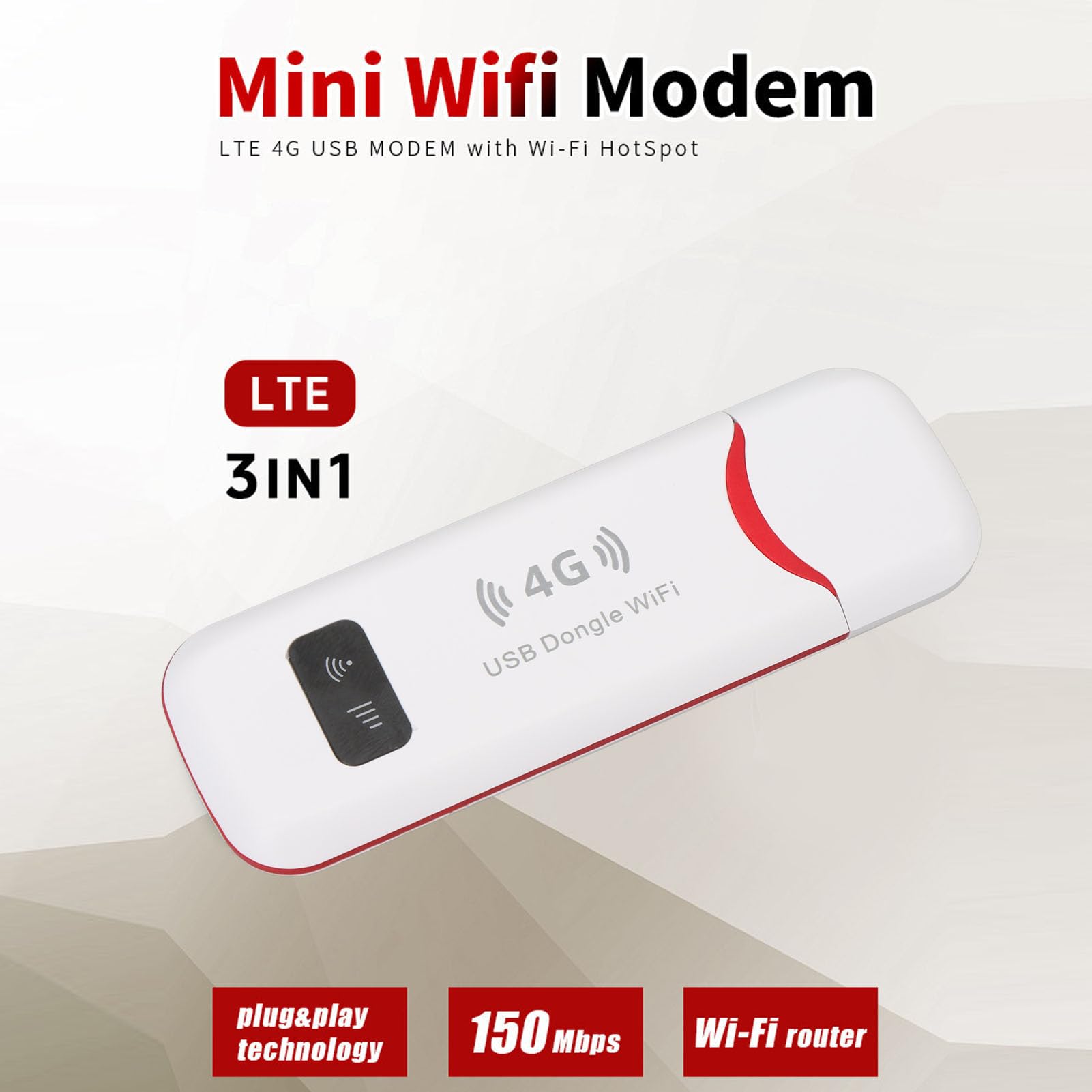 VBESTLIFE Módem USB 4G LTE, Enrutador de Punto de Acceso Móvil Inalámbrico Portátil de 150 Mbps con Ranura para Tarjeta SIM, Compatible con 10 Usuarios para Viajes en Europa, Asia,