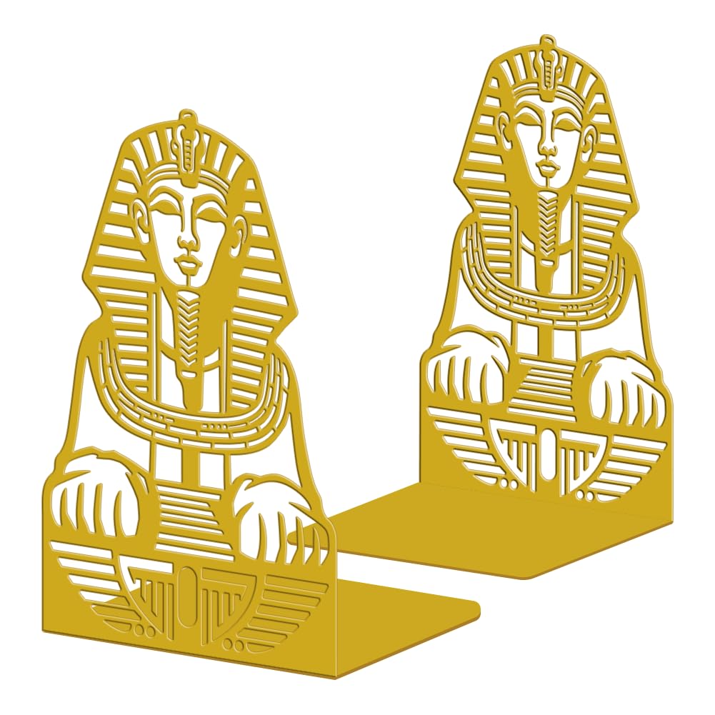 Peacoblue Metal Bookends for Shelves, Modern Decorative Heavy Duty Study Book Ends Stoppers for Office, Desk, Shelf, Room 5.3"x4.3"x7.9" Cast Iron Simple Tall Bookends 1 Pair (Golden Sphinx)