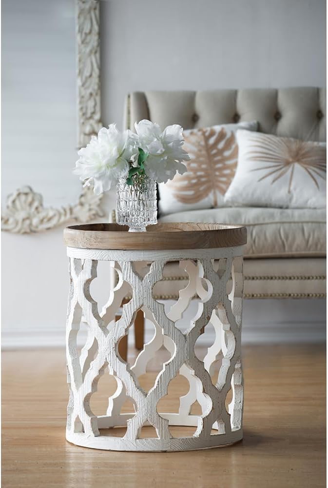French Country Side Table Patio Round Wood End Table with Tray Circle Rustic Small Coffee Tables Drink Table Bedside Tables Nightstand for Small Spaces Living Room Bedroom White