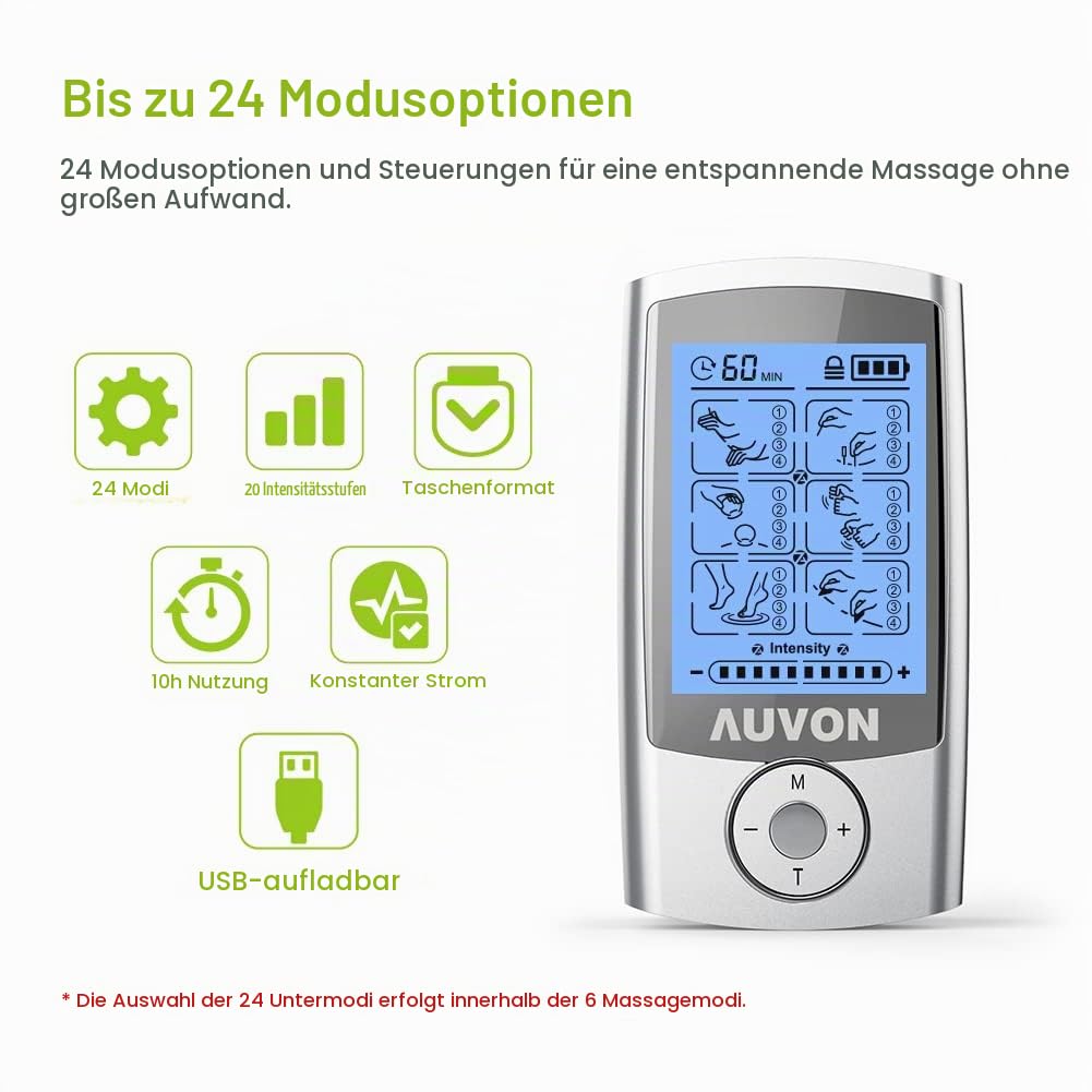 AUVON TENS Gerät, Wiederaufladbare Reizstromgerät gegen Schmerzen mit 24 Trainingsprogramme, 2 Kanäle und 10 Stück 2"x 2" Premium Elektroden Pads mit patentiertem Design (Blau)