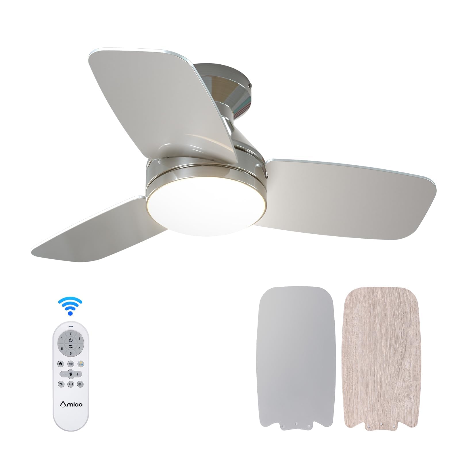 Amico Ceiling Fans with Lights, 30 inch Low Profile Ceiling Fan with Light and Remote Control, Flush Mount, Reversible, 3CCT, Dimmable, Noiseless, Nickel Ceiling Fan for Bedroom, Indoor/Outdoor Use