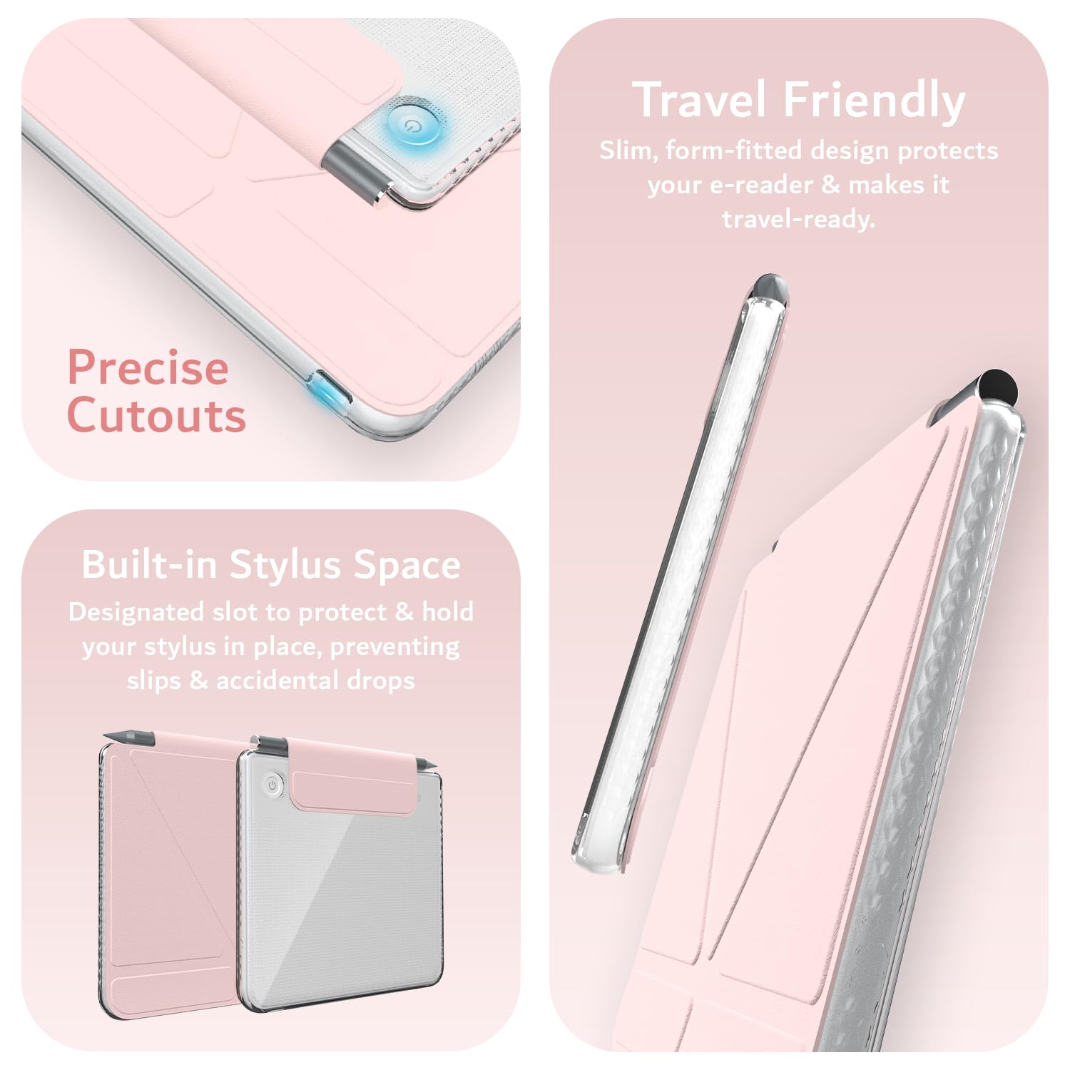 TUDIA M-FLIP Detachable Clear Magnetic Case for Kobo Libra Colour (2024) - [Auto Wake/Sleep] Shockproof Slim Transparent Back Magnetic Fold Cover with Stylus Holder (Pink) — view 9