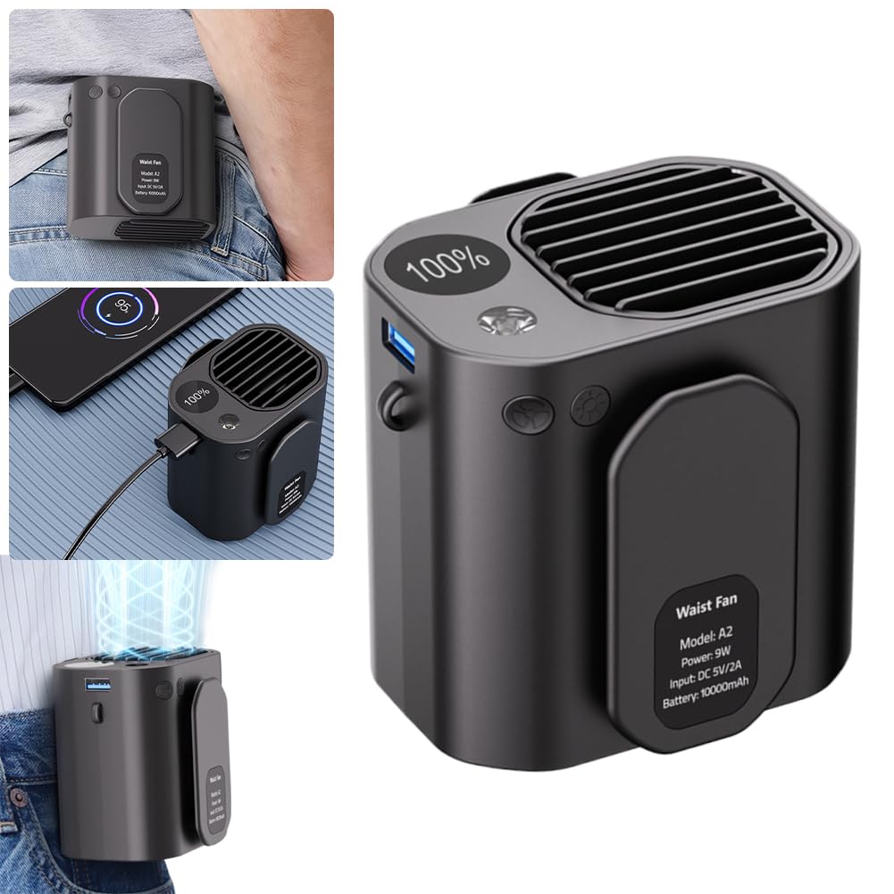 Ventilador con clip para la cintura, ventilador personal para colgar, ventilador multifunción con banco de energía, pantalla LED, ventilador con clip para cinturón para jardinería al
