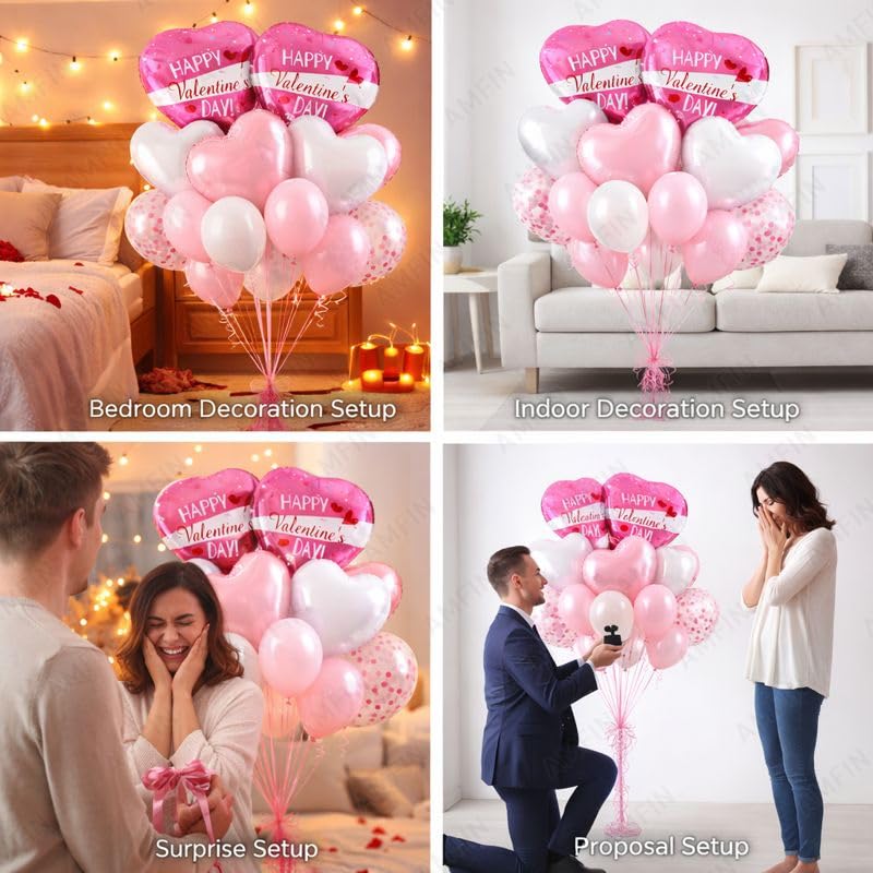 Image of AMFIN (Pack of 14) Happy Valentine's Day Balloon Decoration Set | Romantic Heart Foil Bouquet Metallic Helium Bunch Proposal Anniversary Celebration Party Decor - Pink White