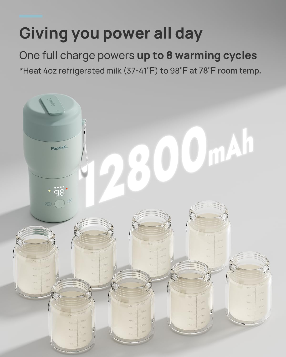 Papablic Scaldabiberon portatile professionale: riscaldamento più veloce da 115 W, sterilizzatore integrato, 8 feed per carica, 5 impostazioni di temperatura e mantenimento in caldo per latte materno