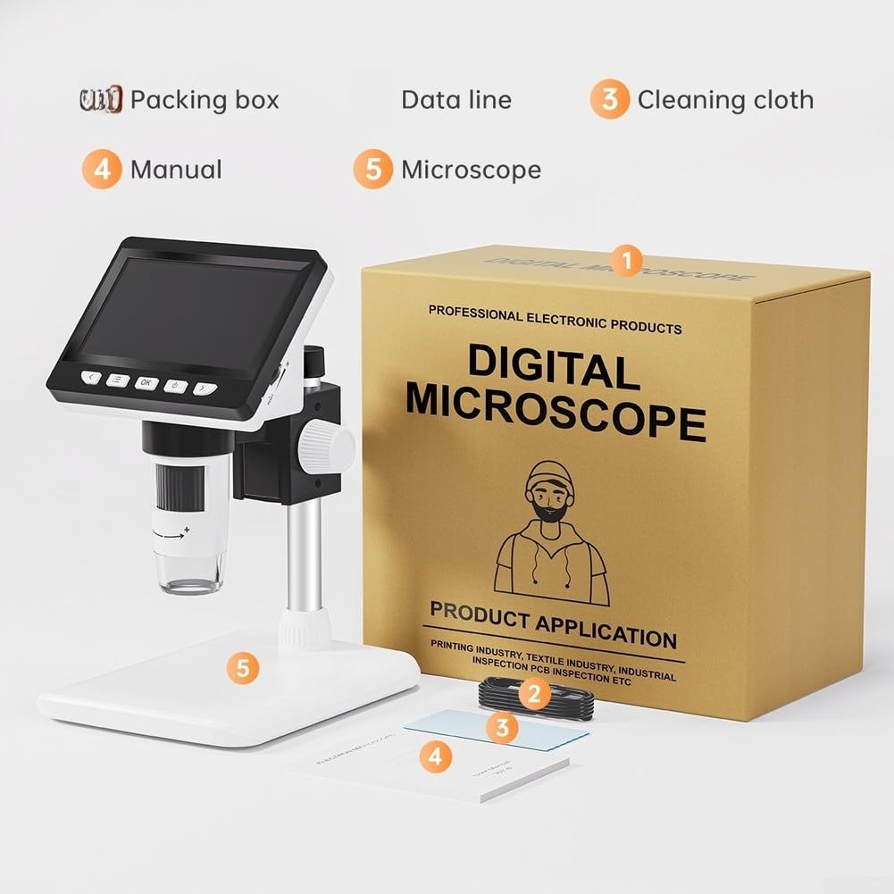 Industrielles Digitalmikroskop, 10,9 cm (4,3 Zoll), 1000-fache Vergrößerung, 1080P HD, für Elektronikreparatur, Münzinspektion, Lötaufgaben, Weiß (D)