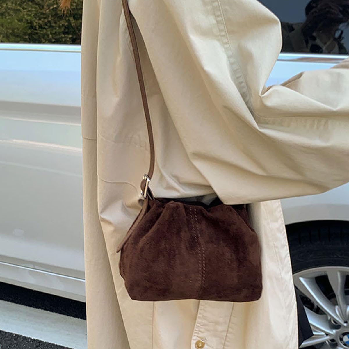 Suede Shoulder Bag for Women, Drawstring Purse Small Slouchy Crossbody Handbag Bucket Satchel - Image 3