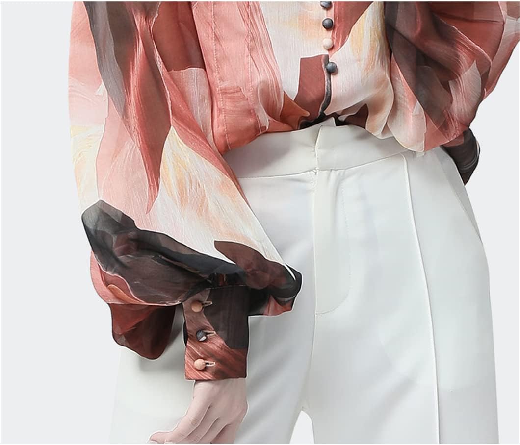 Disimlarl Women Chiffon Shirt Artistic Orange Print Top Ladies Office Street Wear Casual Shirts