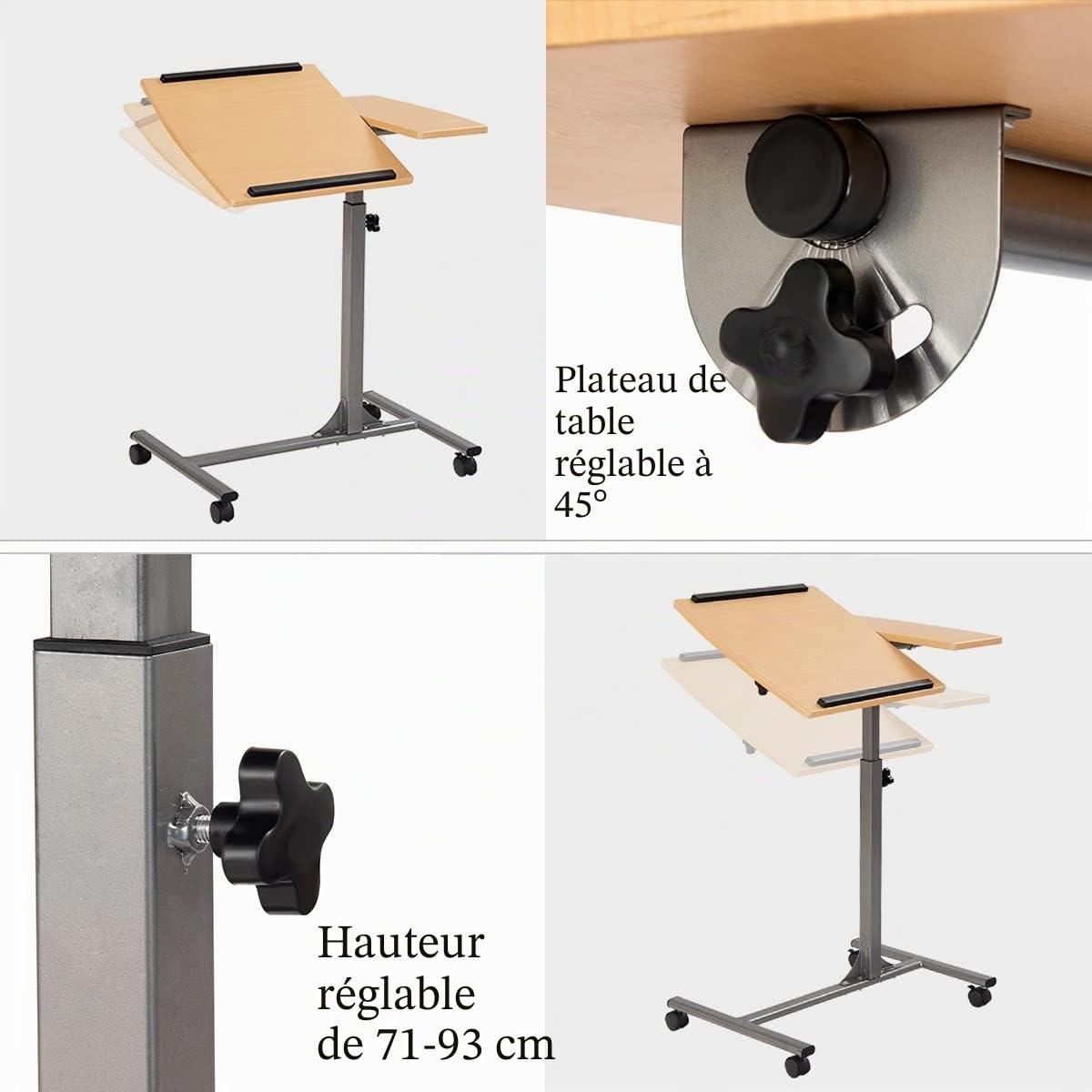 GIANTEX Table de Lit Roulante pour Ordinateur Portable, Table Réglable en Hauteur et Inclinable, Bout de Canapé avec Plateau pour Souris 64 x 45 x (71-93) cm (Naturel)