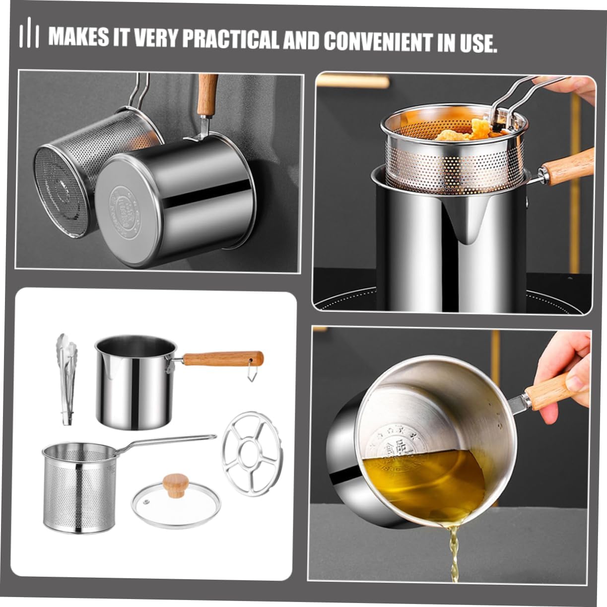 1 Set Stainless Steel Deep Fryer for Tempura and Fries Deep Pot with Safe Handle Kitchen Cookware for Home Use