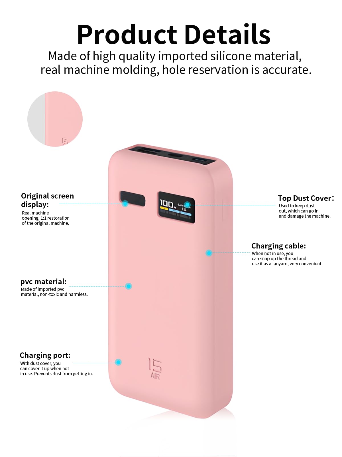 CUKTECH 15 Air Charger Power Bank 100 W, 15000 mAh, silikonowe etui – odporne na zarysowania, uderzenia, pyłoszczelne, przenośne, Slim Fit (różowe)