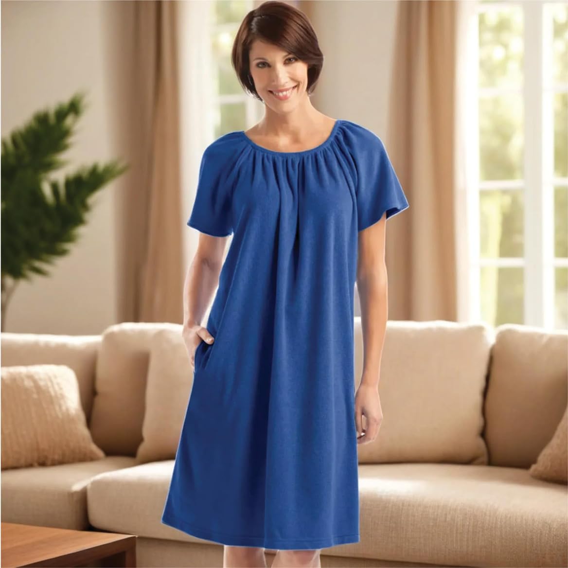 Collections Etc Women's Solid Color Terry Cotton Summer Dress with Side Pockets