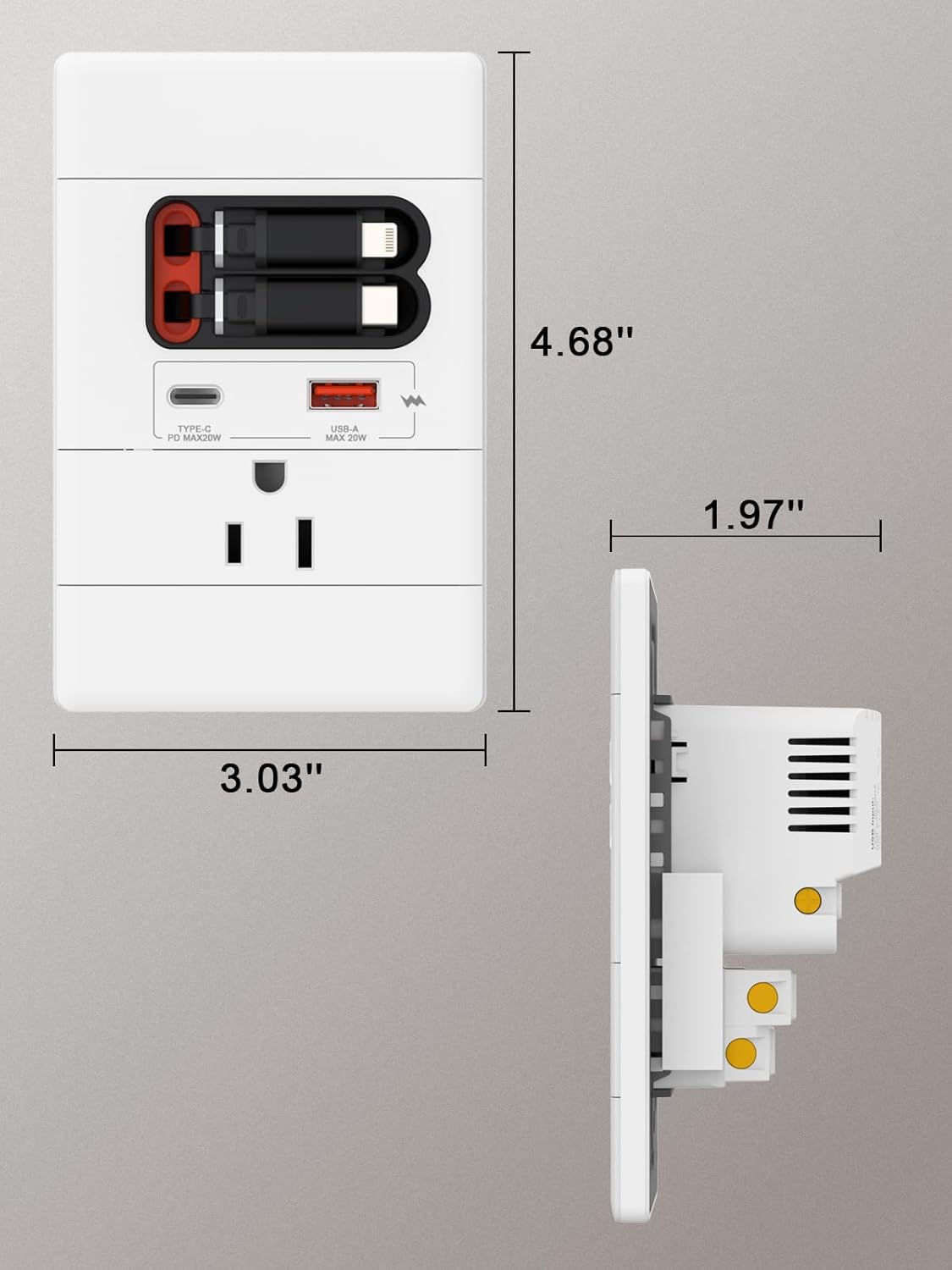USB C Wall Outlet with GaN PD20W USB-C&USB-A&Retractable USB C/Lightning Cables,Tamper-Resistant,15A 125V,Wall Outlet for Bedside/Wall Mount tv/Sofa Table (White)