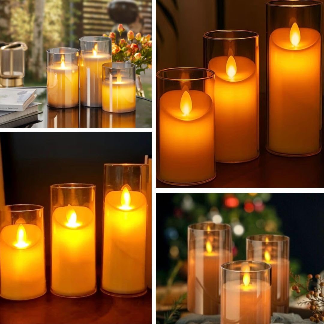 LED Flameless Candles with Glass Holders, Battery Operated, Flickering Light, Set of 3, Warm Yellow Glow, Home Decor (3)-image-9