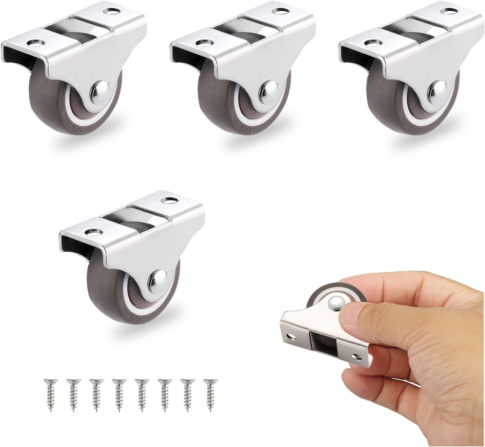 4Pcs Mini Rigid Caster Wheels 1 Inch, Low Profile Rubber Rolling Wheels with Steel Top Plate, Little Casters Wheels for Furniture, Under Bed Storage Drawers, Load Capacity 106 Lbs,Non Swivel