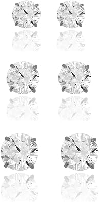 AVORA 3-pair 10K Gold Round Simulated Diamond CZ Stud Earrings Set - Yellow or White Gold