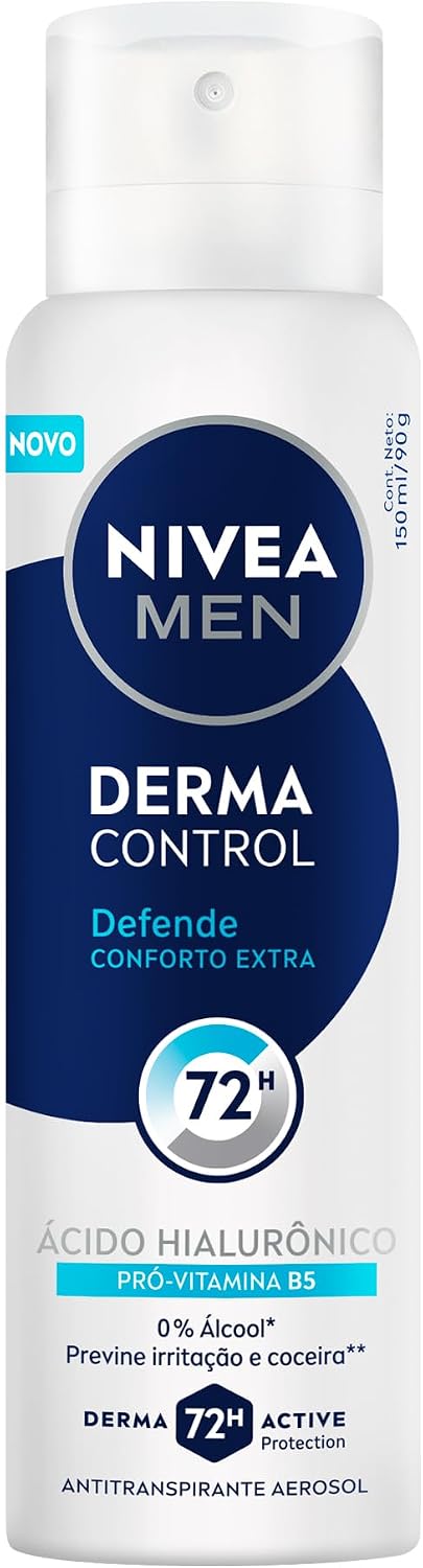 NIVEA MEN Desodorante Antitranspirante Aerossol Derma Control Defende 150ml, Proteção 72h, Previne Irritações, Ácido Hialurônico, Conforto Extra