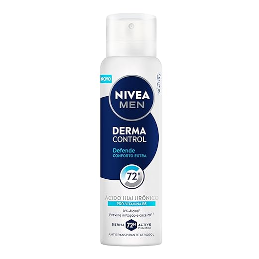 NIVEA MEN Desodorante Antitranspirante Aerossol Derma Control Defende 150ml, Proteção 72h, Previne Irritações, Ácido Hialurônico, Conforto Extra
