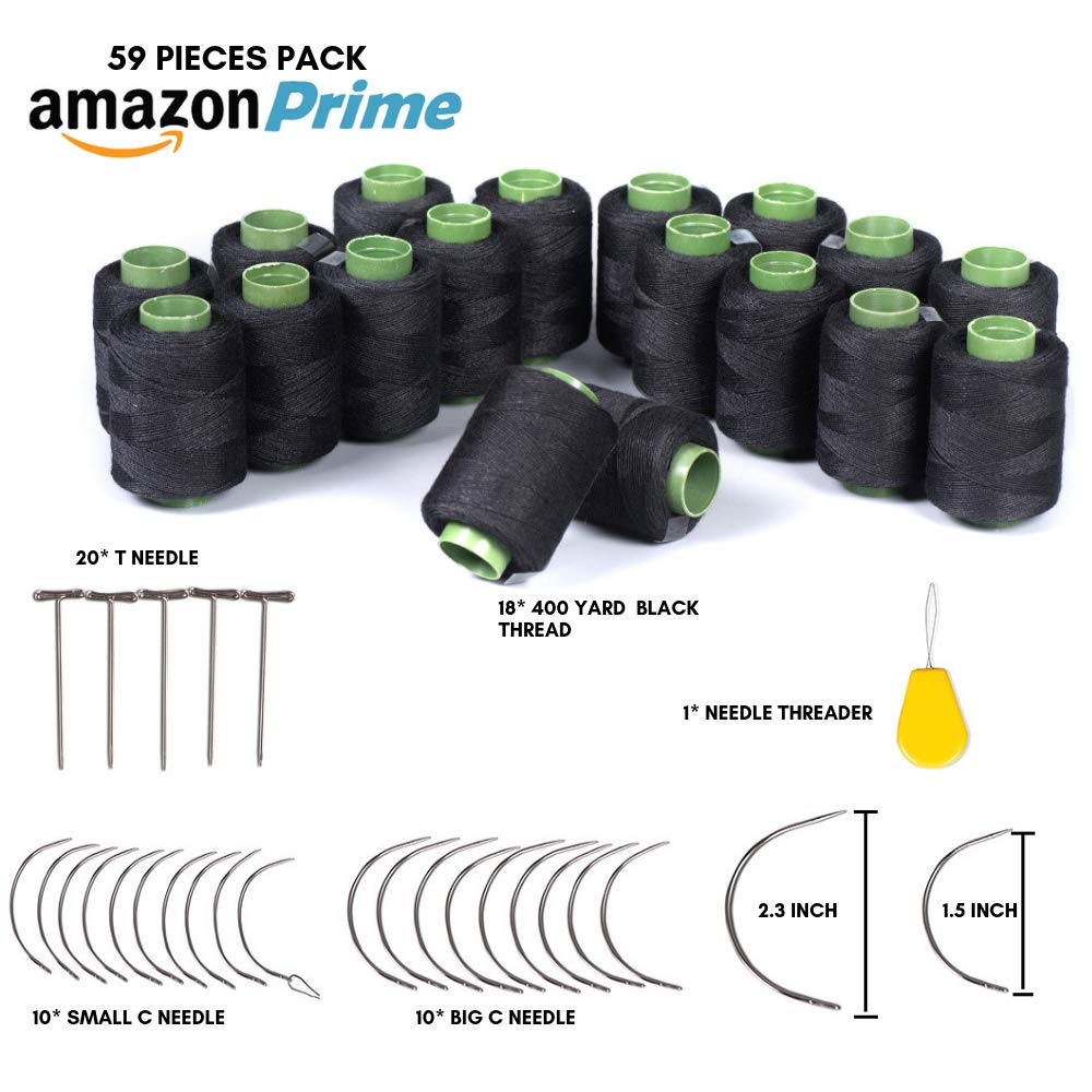 Hair Weave Needle and Thread Kit, 18 Rolls Black Weaving Thread, 20 Wig T Pins, 20 C Curved Needles and 1 Needle Threader for Wig Sewing, Blocking Knitting, Modelling and Crafts (59)