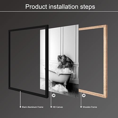 Miniatura 3 de XMJJQQ Arte enmarcado divertido lienzo de baño de mono, bonito póster de baño en blanco y negro, estampado de mono animal en el baño, decoración de