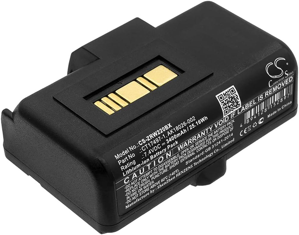Cameron Sino New 3400mAh Replacement Battery Fit for Zebra RW220, RW320 AK18026-002, CT17497-1