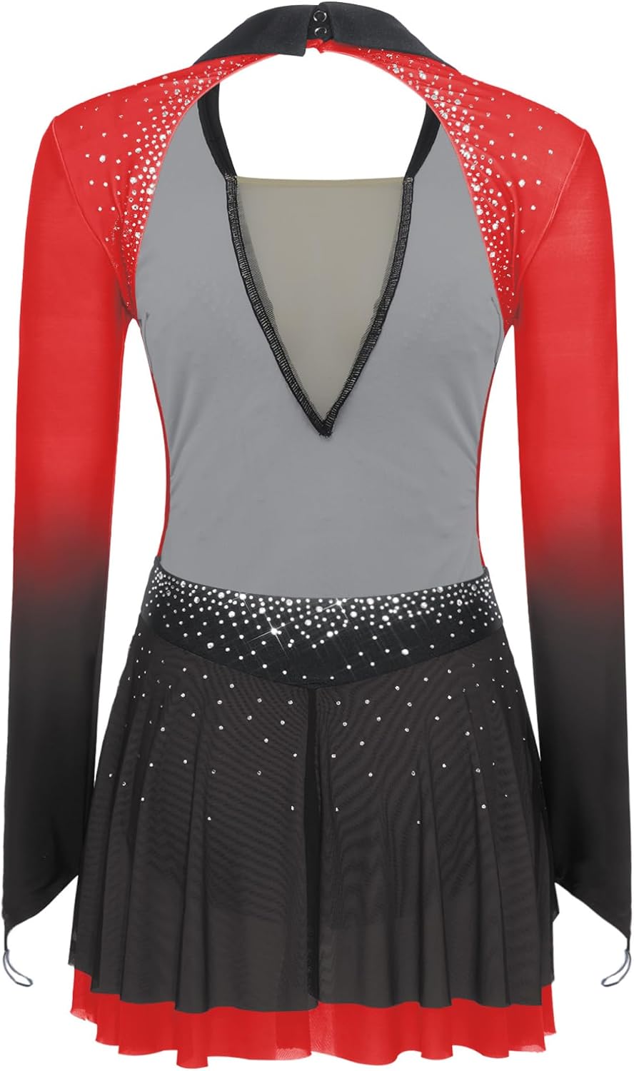 JEATHA Women Ice Skating Bodysuit Dress Backless Gymnastics Costume Latin Dance Leotard Rhinestone Mesh Skirt